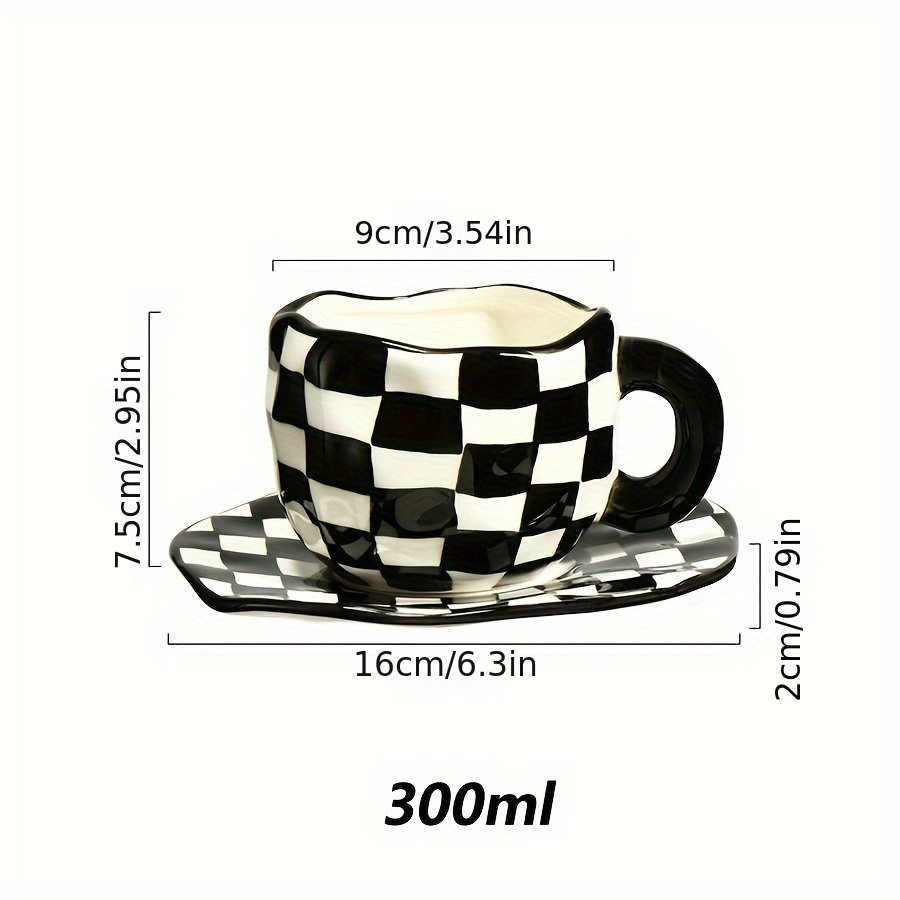 Black & White Checkered Ceramic Cup & Saucer Set