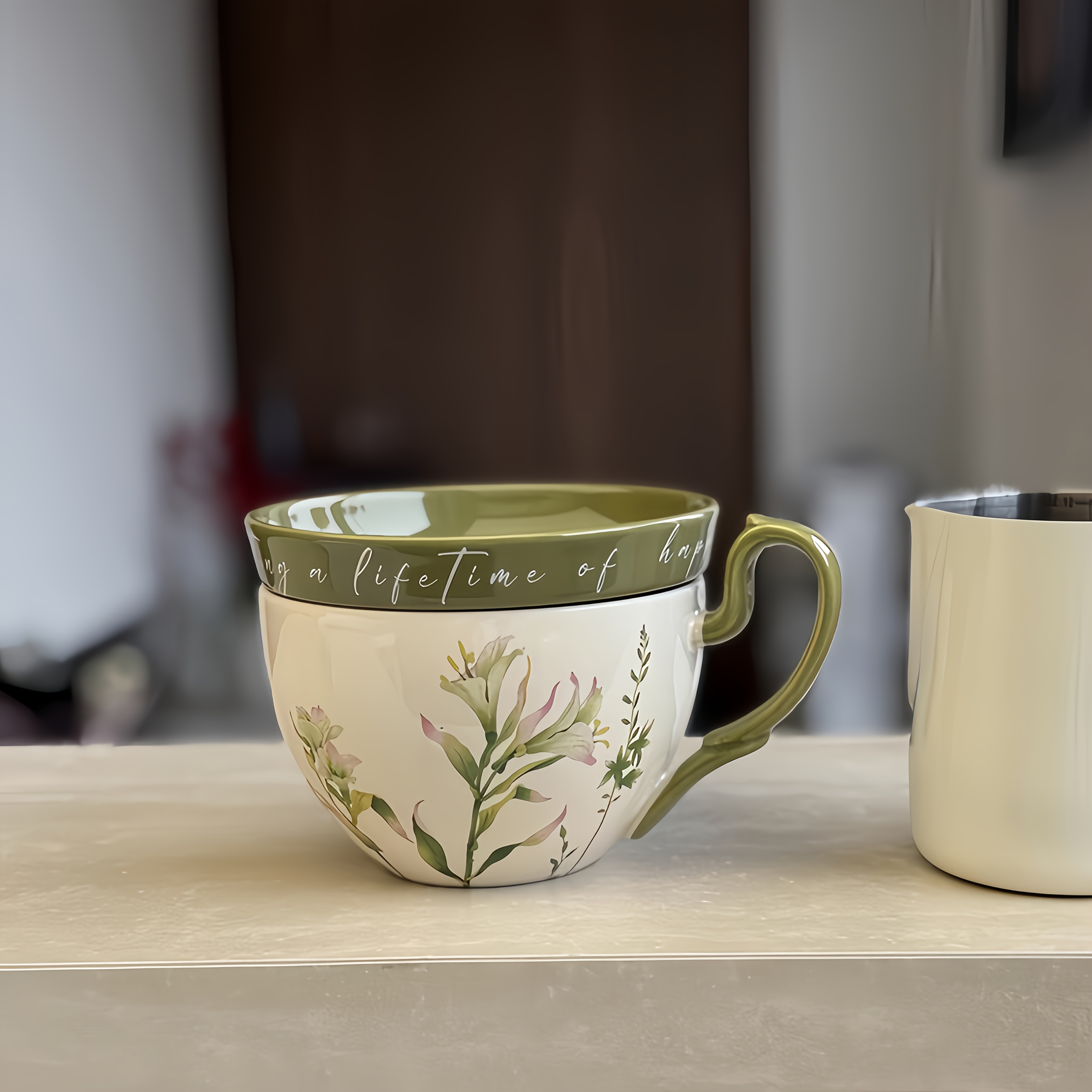 Botanical Floral Ceramic Cup with Matching Lid