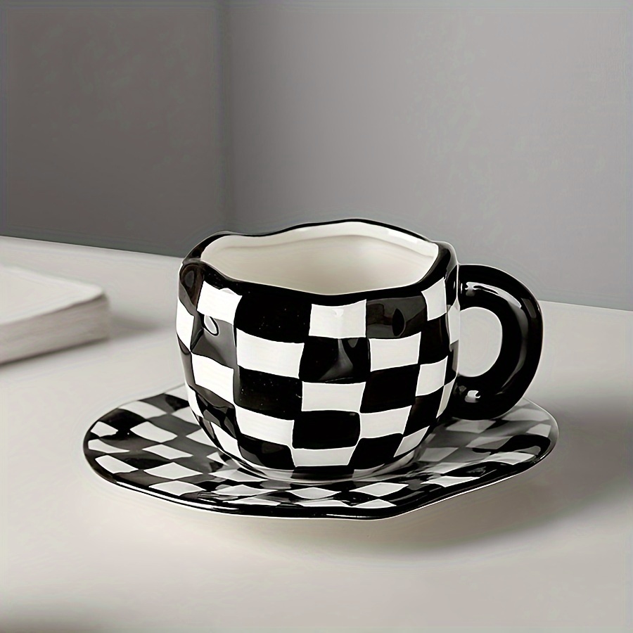 Black & White Checkered Ceramic Cup & Saucer Set