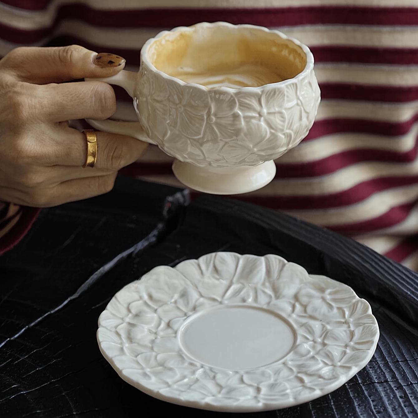 Embossed Floral Ceramic Teacup & Saucer Set