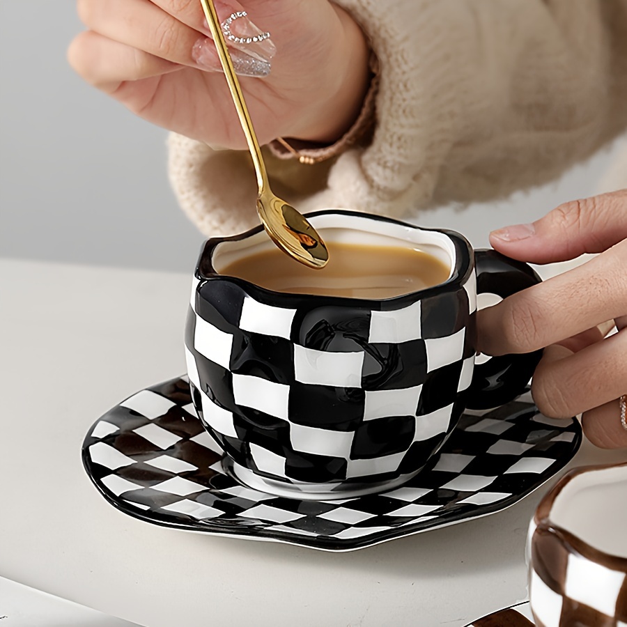 Black & White Checkered Ceramic Cup & Saucer Set