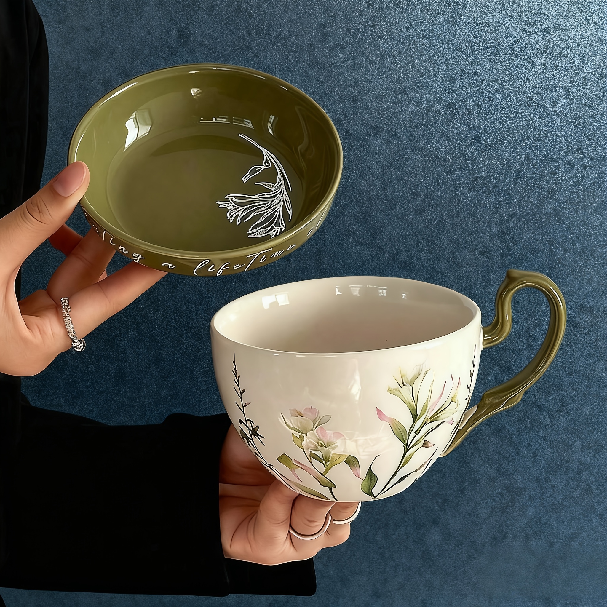 Botanical Floral Ceramic Cup with Matching Lid
