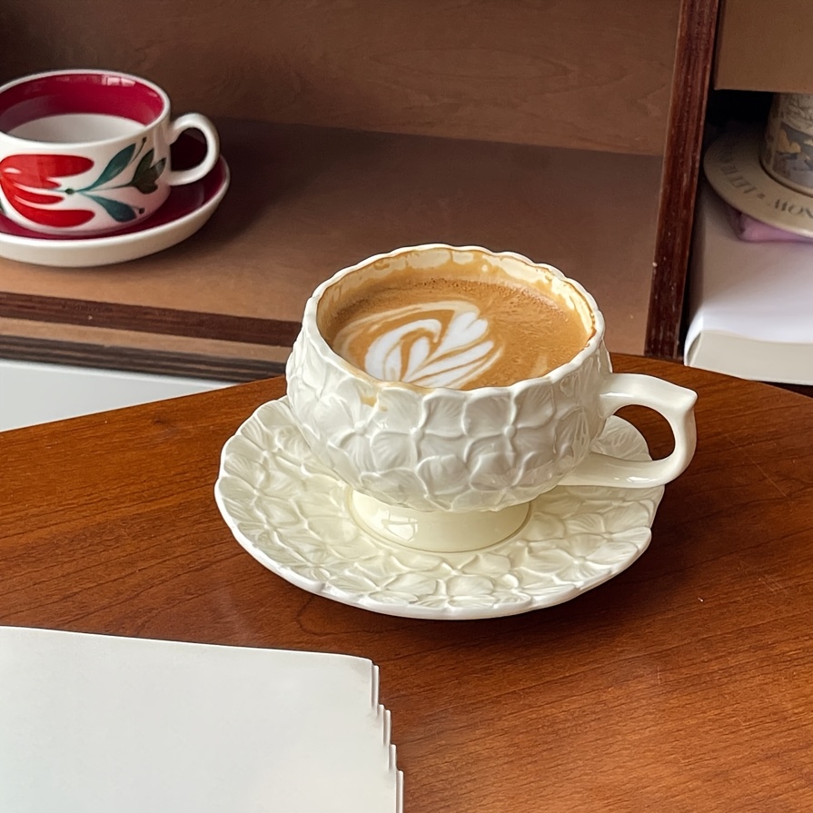 Embossed Floral Ceramic Teacup & Saucer Set