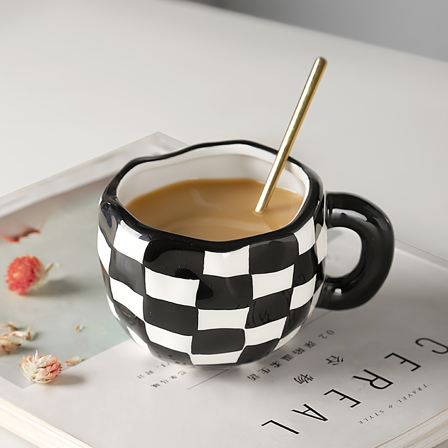 Black & White Checkered Ceramic Cup & Saucer Set