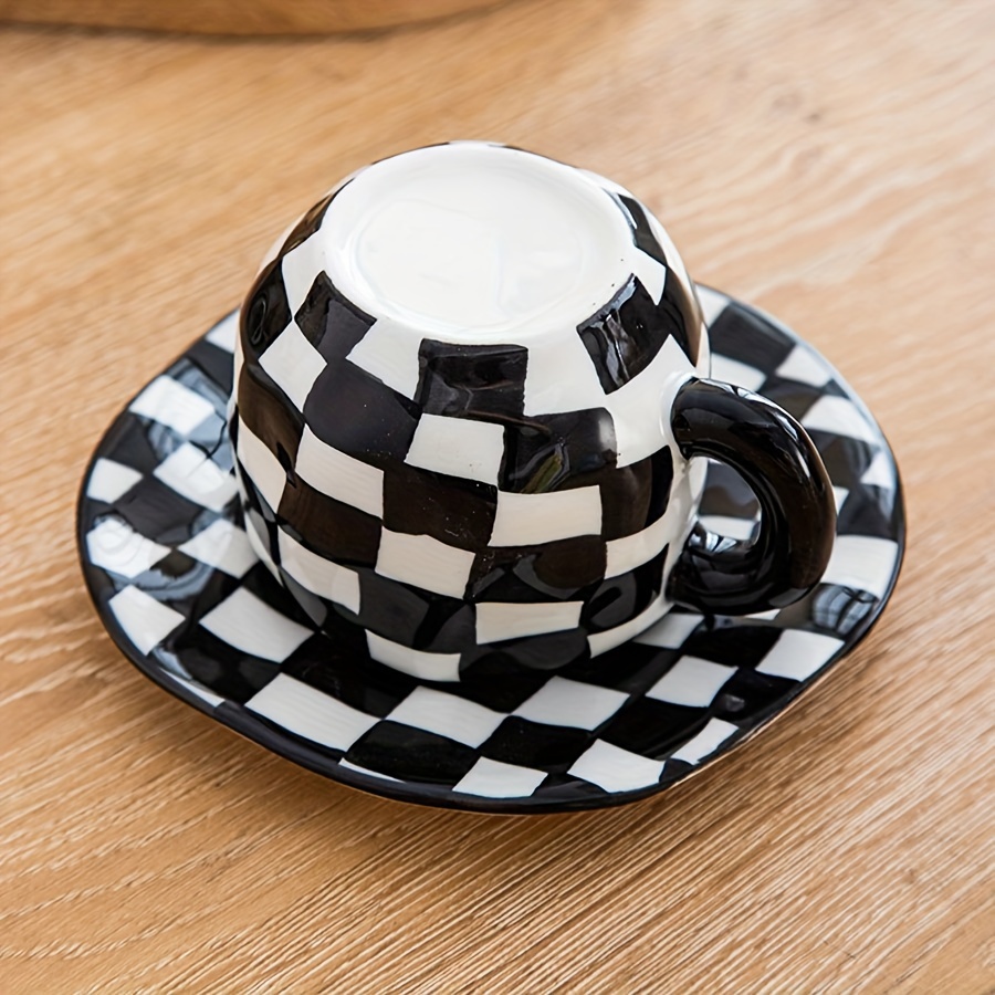 Black & White Checkered Ceramic Cup & Saucer Set