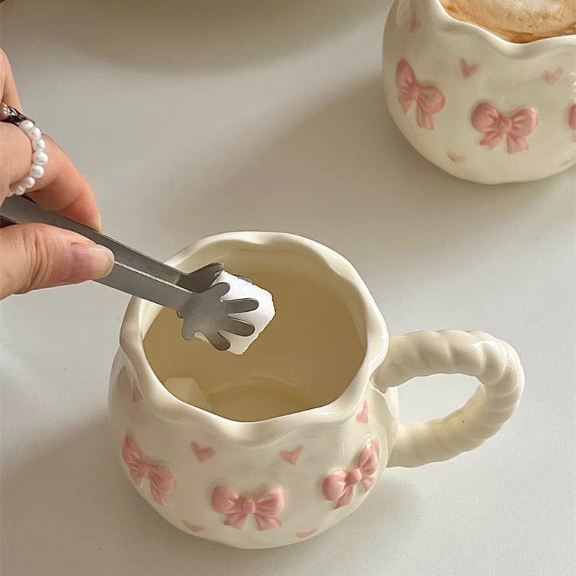 Pink Bow & Heart Embossed Ceramic Mug