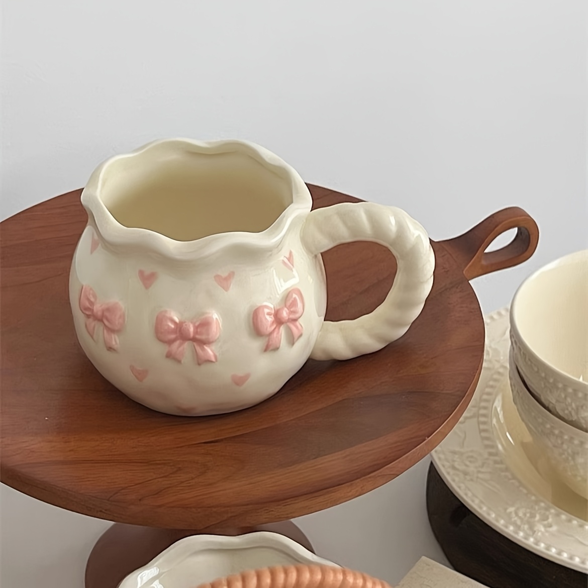 Pink Bow & Heart Embossed Ceramic Mug