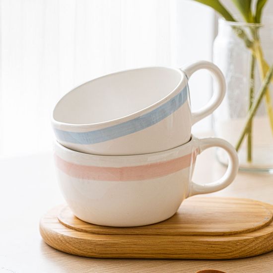Hand Pinched Stripe Pattern Milk Tea Cup Oatmeal Breakfast Mug Drinkware Kitchen