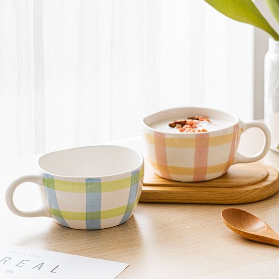 Hand Pinched Stripe Pattern Milk Tea Cup Oatmeal Breakfast Mug Drinkware Kitchen