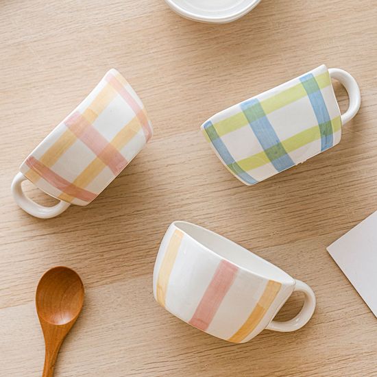 Hand Pinched Stripe Pattern Milk Tea Cup Oatmeal Breakfast Mug Drinkware Kitchen