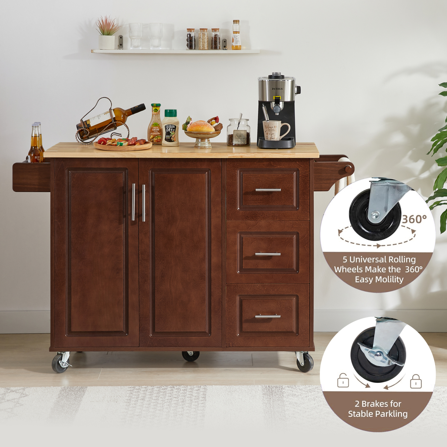 Kitchen Island with Drop Leaf Countertop, Rolling Kitchen Island Cart