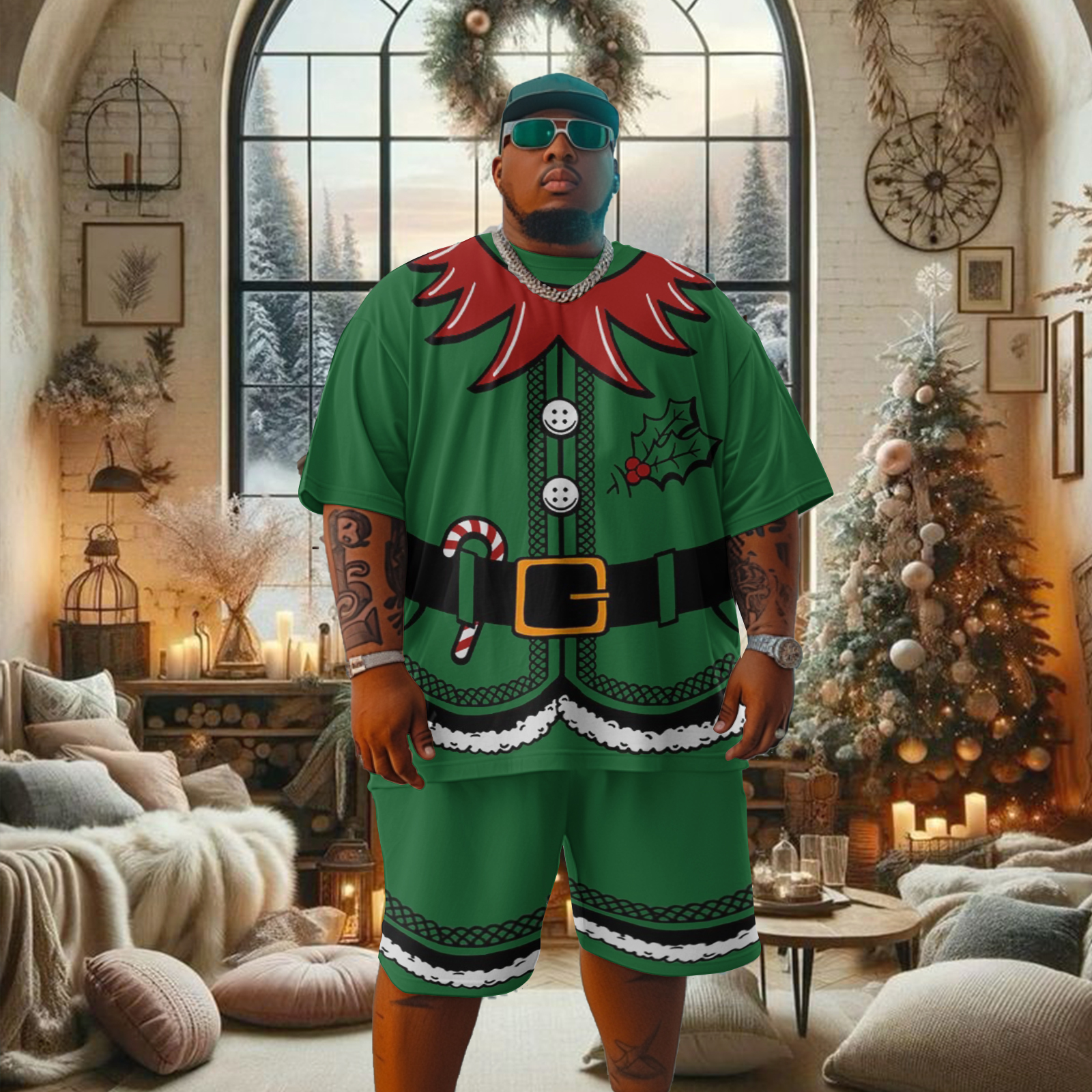 Men's Plus Size Vintage Christmas Elf Inspired Cosplay T-Shirt Shorts Set