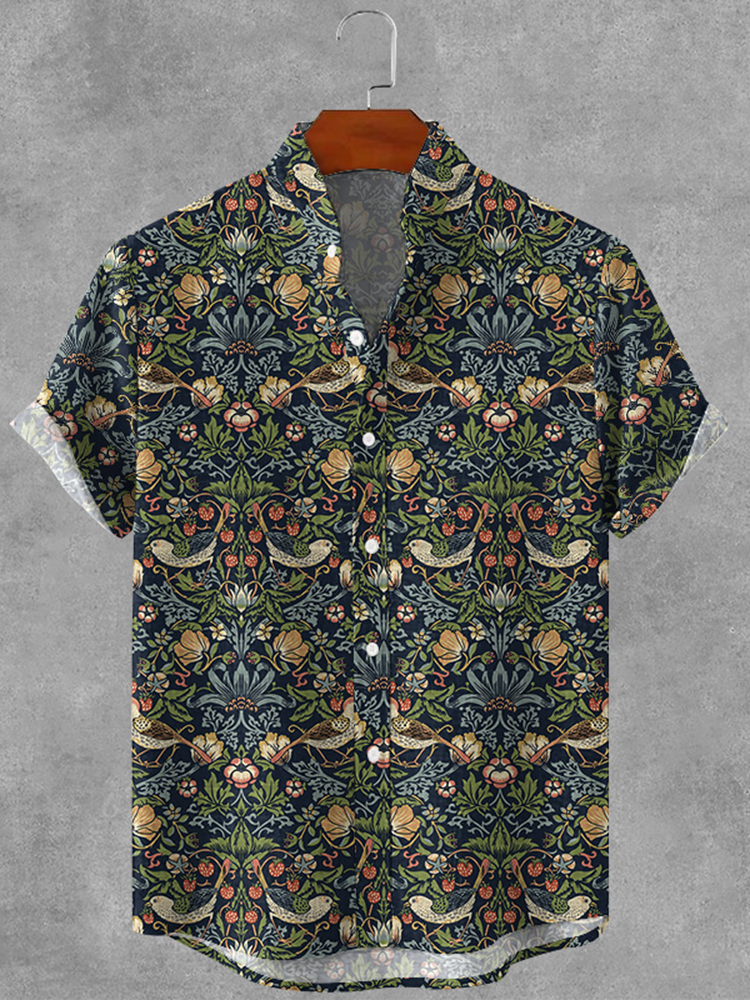 Men's Casual Retro Plants And Floral Graphics Ink Art Linen Blend Cozy Shirt