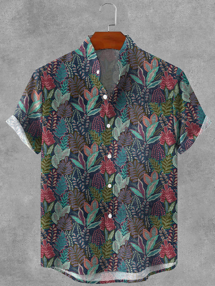 Men's Casual Retro Floral Plants Graphics Ink Art Linen Blend Cozy Shirt