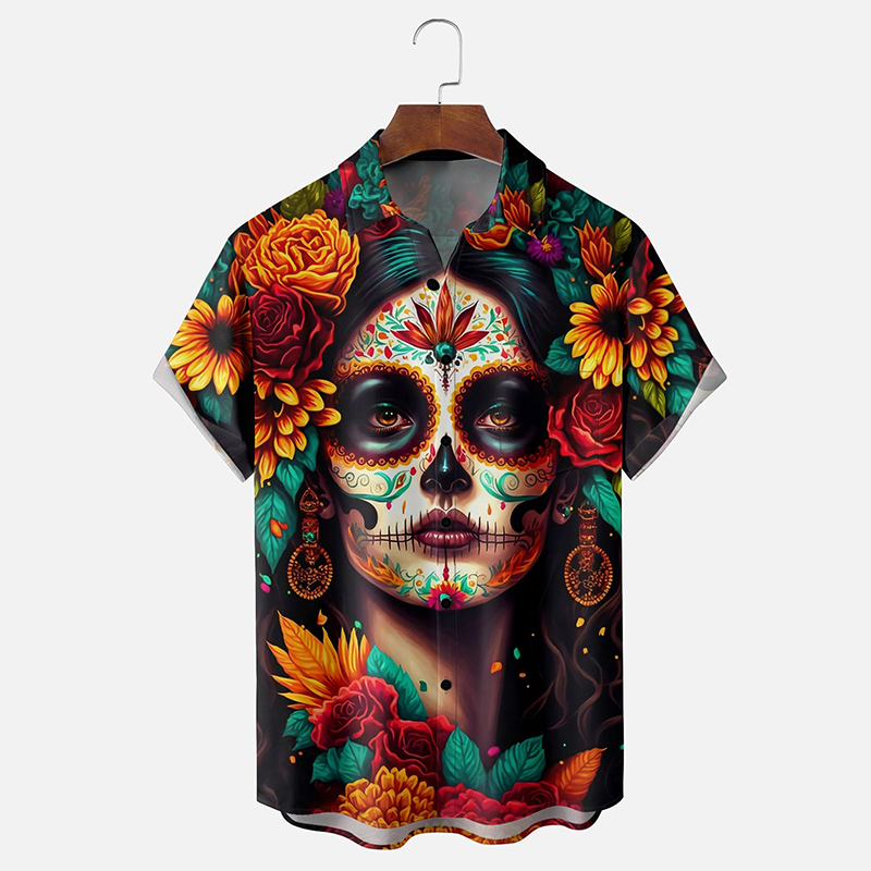 Men's Day Of The Dead La Catrina Print Casual Short Sleeve Shirts