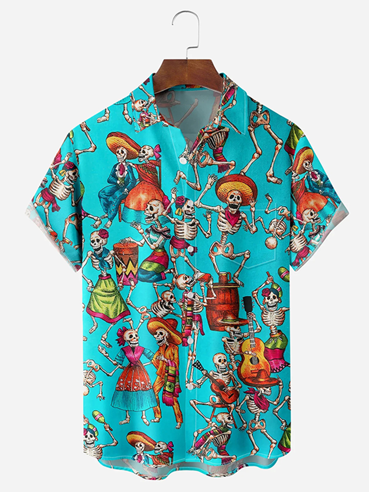 Men's Day Of The Dead Skeleton Print Casual Short Sleeve Shirts