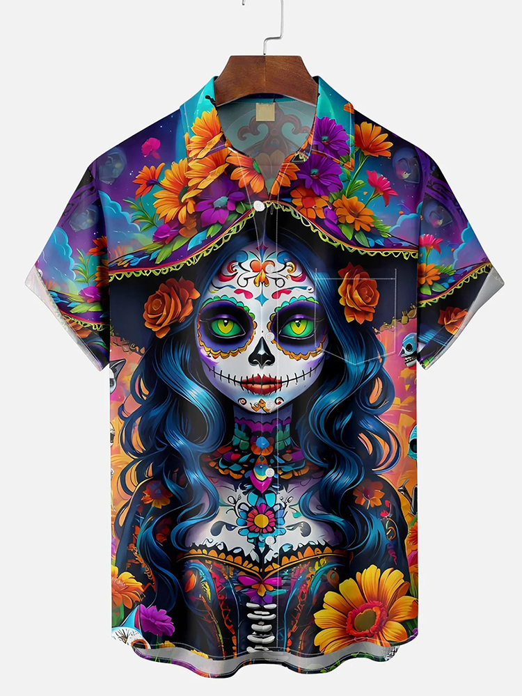 Men's Day Of The Dead Print Casual Short Sleeve Shirts