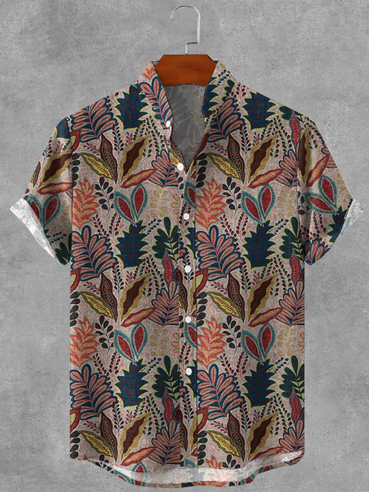 Men's Casual Retro Plants Graphics Ink Art Linen Blend Cozy Shirt