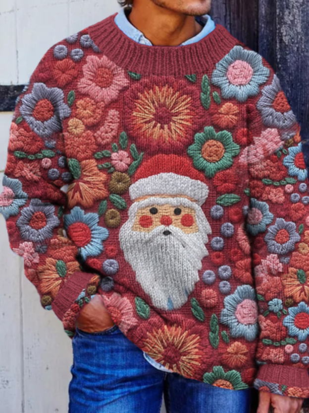 Vintage Christmas Santa Claus Knitted Warm Crew Neck Sweater