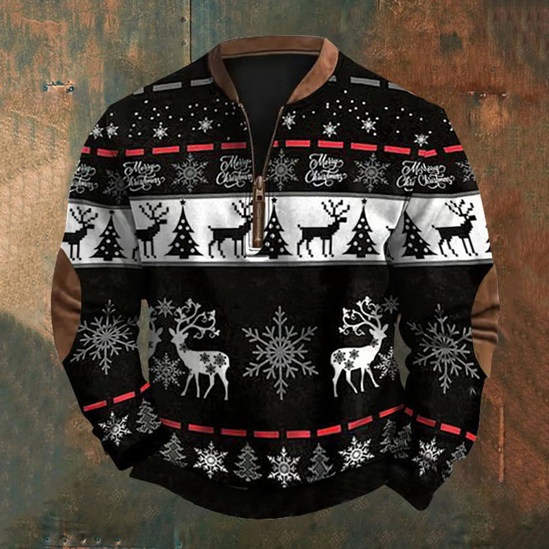 Men's Christmas Western Elk Printed Zip Collar Sweatshirt