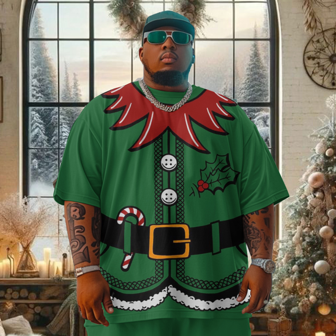 Men's Plus Size Vintage Christmas Elf Inspired Cosplay T-Shirt Shorts Set