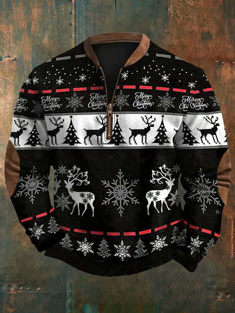 Men's Christmas Western Elk Printed Zip Collar Sweatshirt