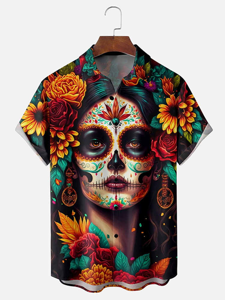 Men's Day Of The Dead La Catrina Print Casual Short Sleeve Shirts