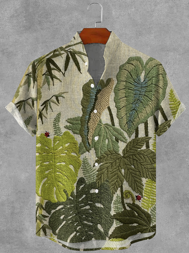 Men's Casual Retro Plants Graphics Ink Art Linen Blend Cozy Shirt