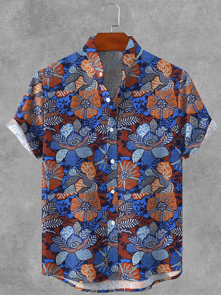 Men's Casual Retro Floral Graphics Ink Art Linen Blend Cozy Shirt