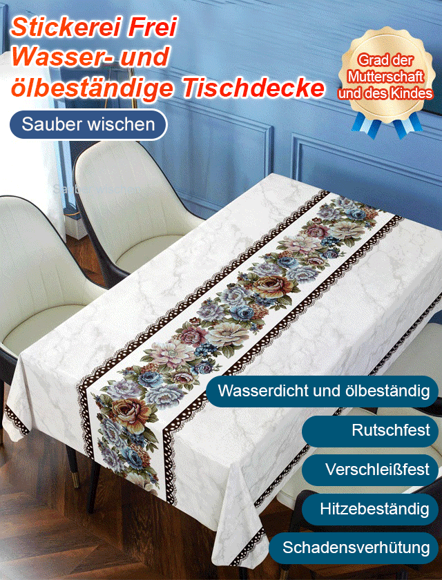 Besticktes, nicht abwaschbares, wasser- und fettdichtes Tischtuch