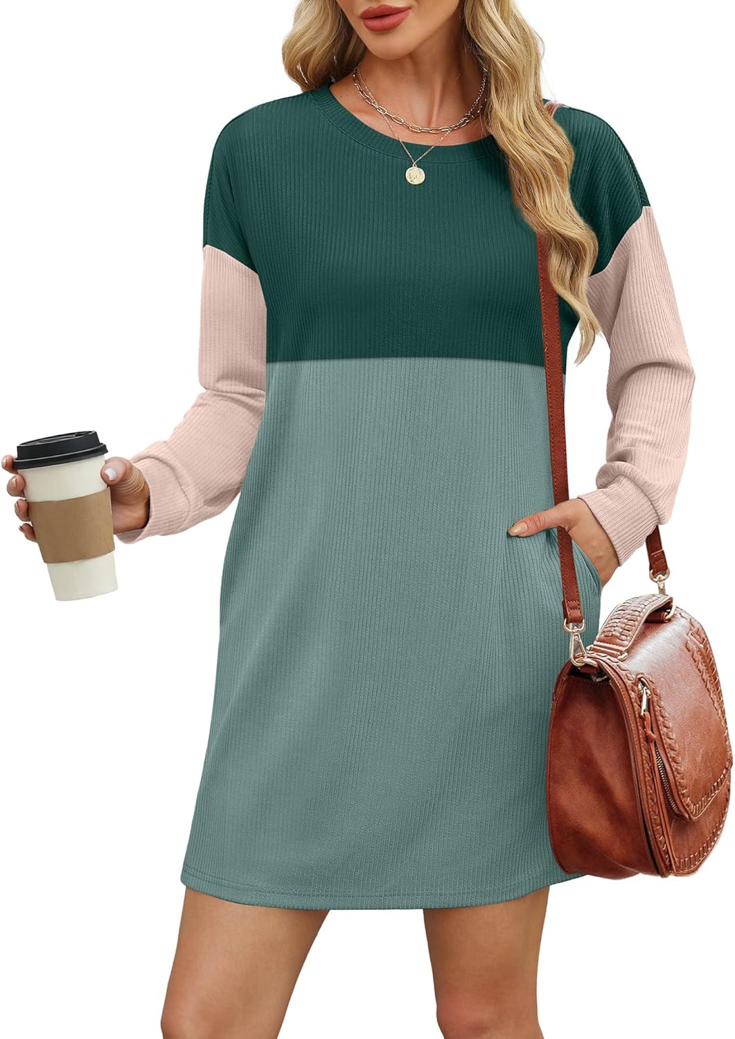 Womens Ribbed Color block Long SleeveMini Dresses with Pockets