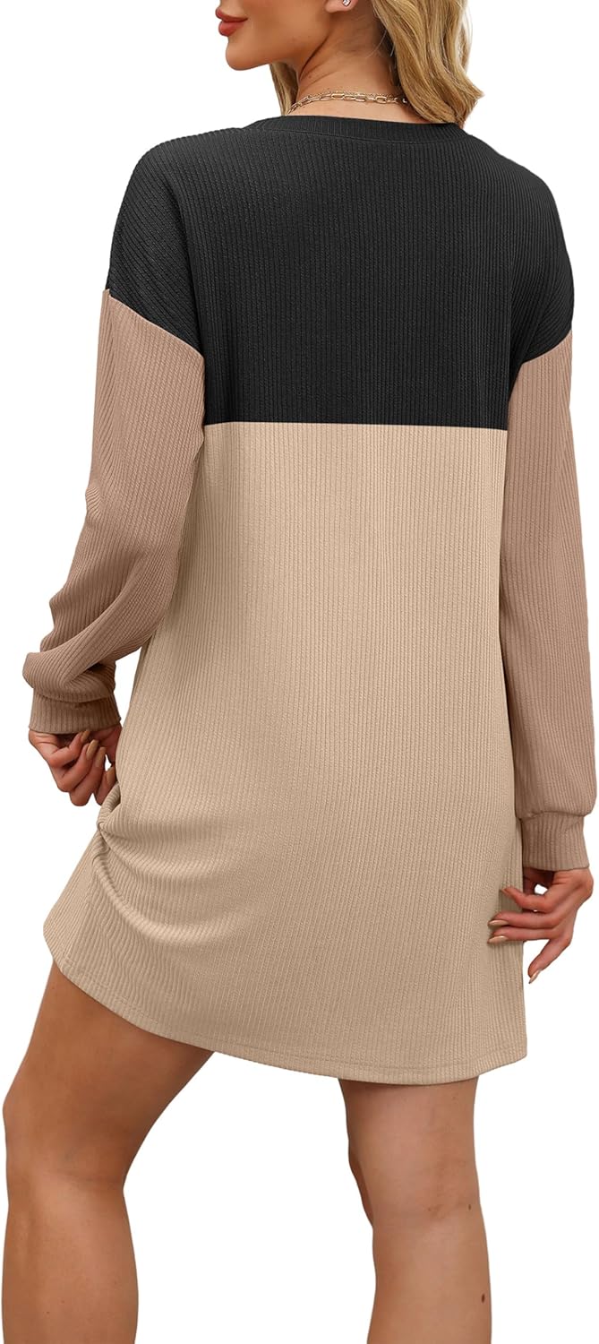 Womens Ribbed Color block Long SleeveMini Dresses with Pockets