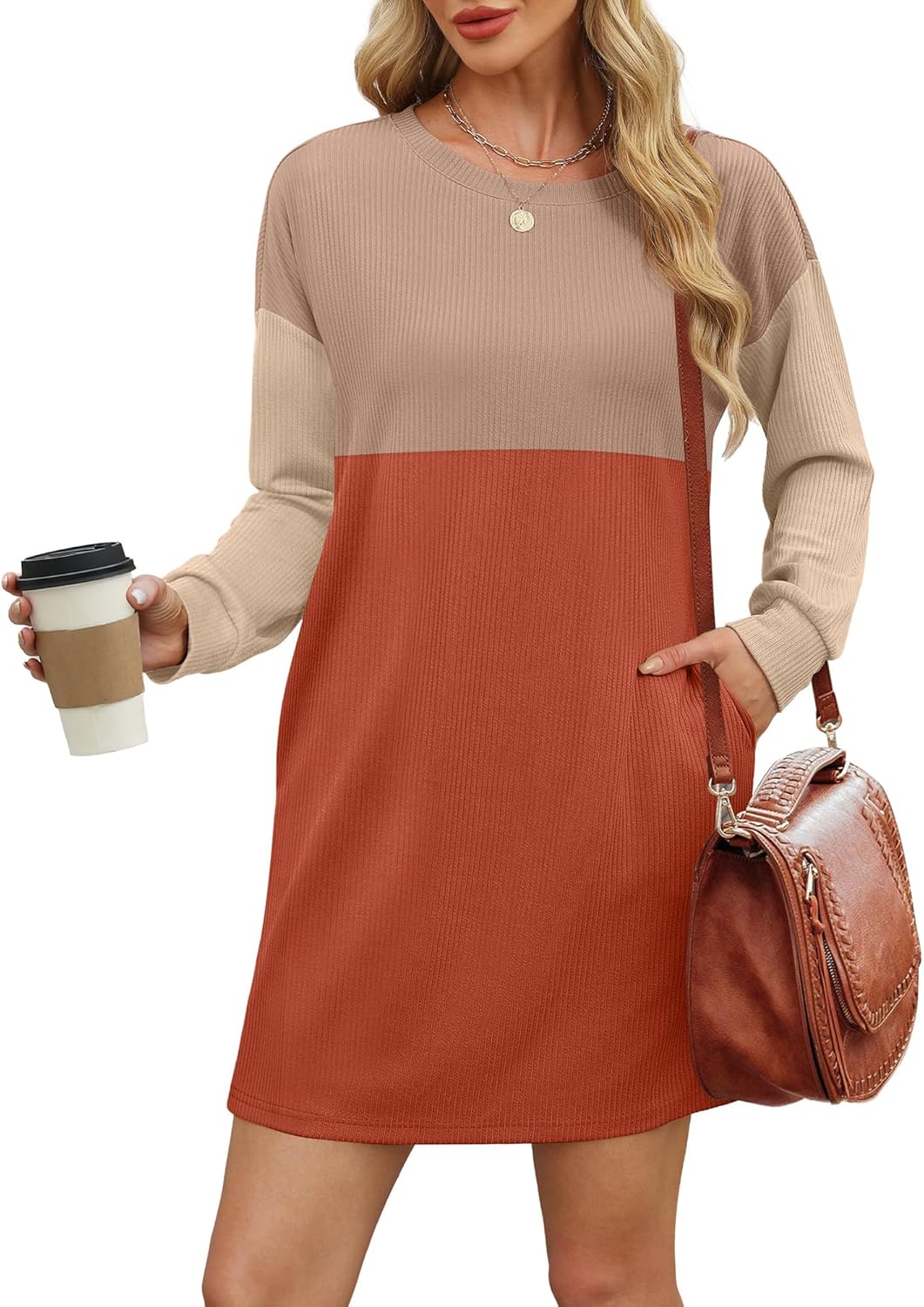 Womens Ribbed Color block Long SleeveMini Dresses with Pockets