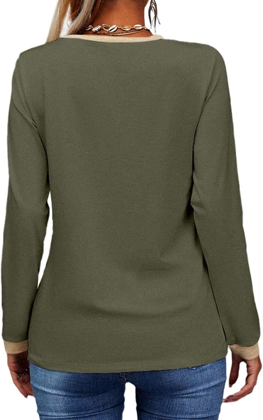 Womens Long Sleeve T Shirts Casual V Neck Color Block Tunic Tops