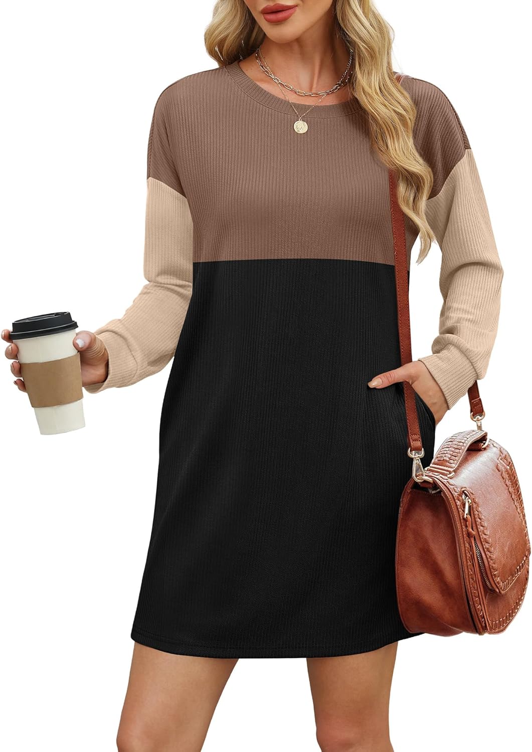 Womens Ribbed Color block Long SleeveMini Dresses with Pockets