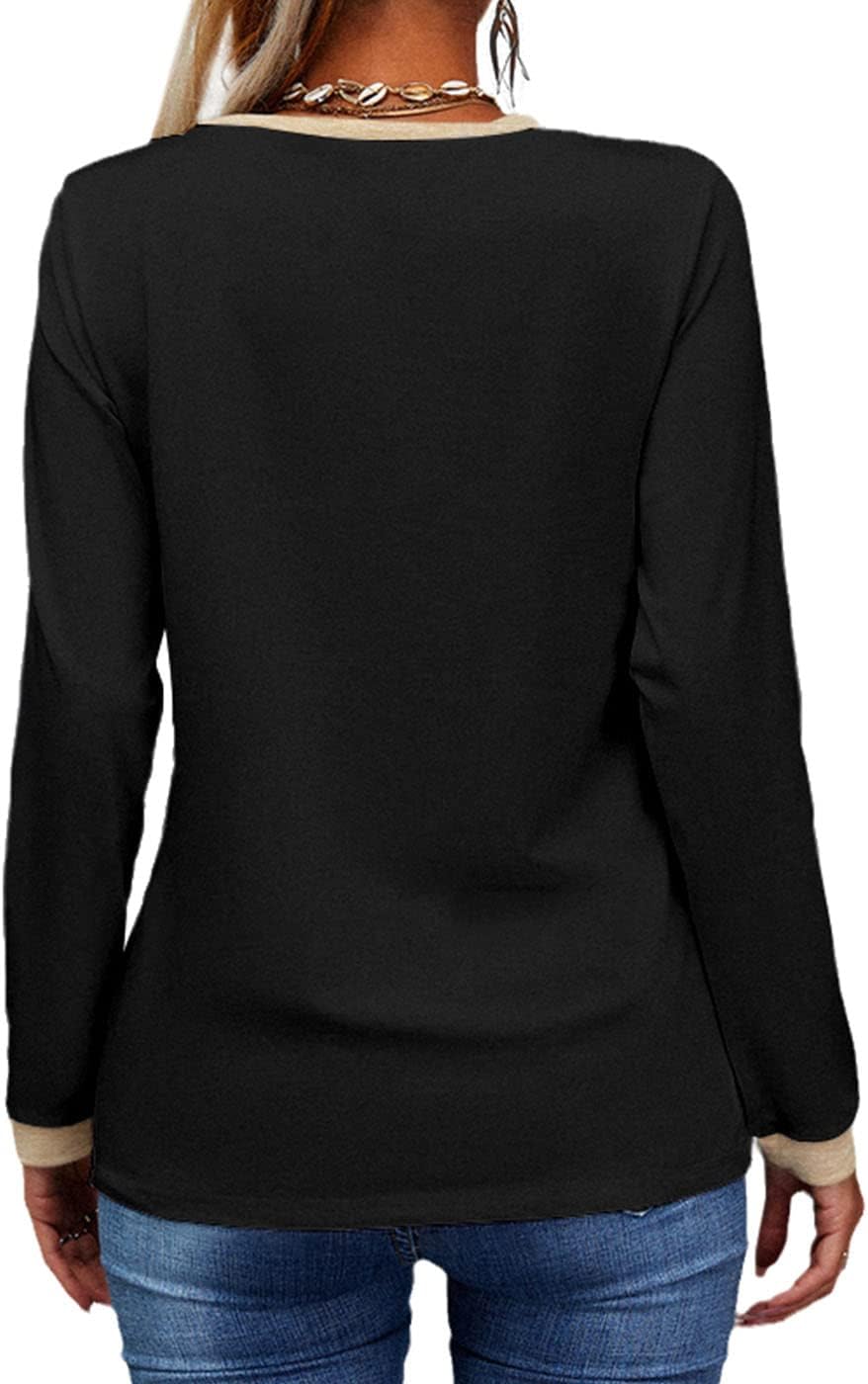 Womens Long Sleeve T Shirts Casual V Neck Color Block Tunic Tops