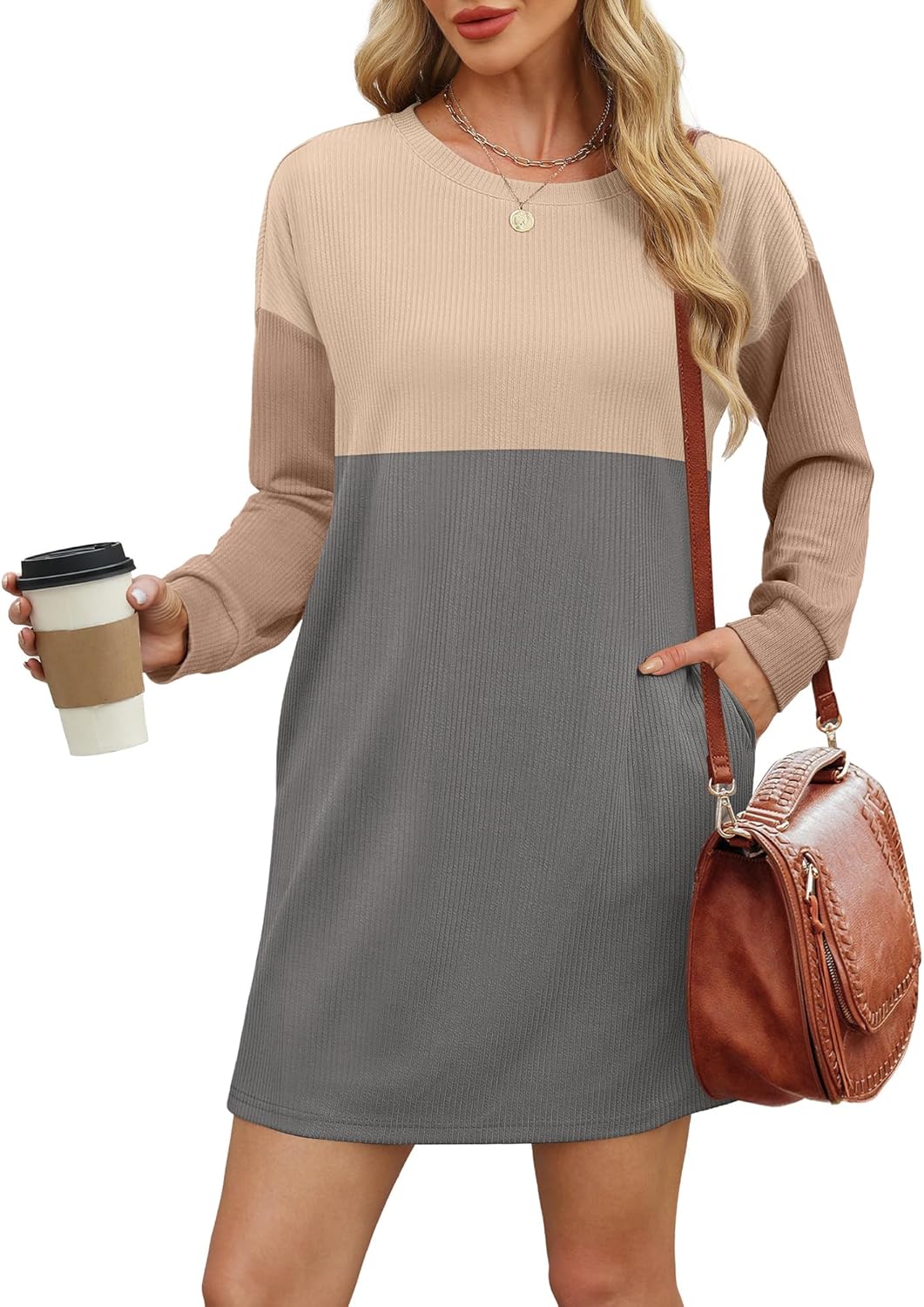 Womens Ribbed Color block Long SleeveMini Dresses with Pockets