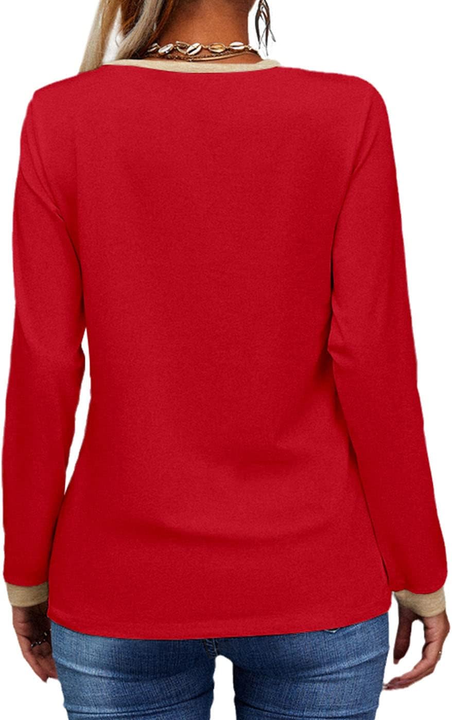 Womens Long Sleeve T Shirts Casual V Neck Color Block Tunic Tops
