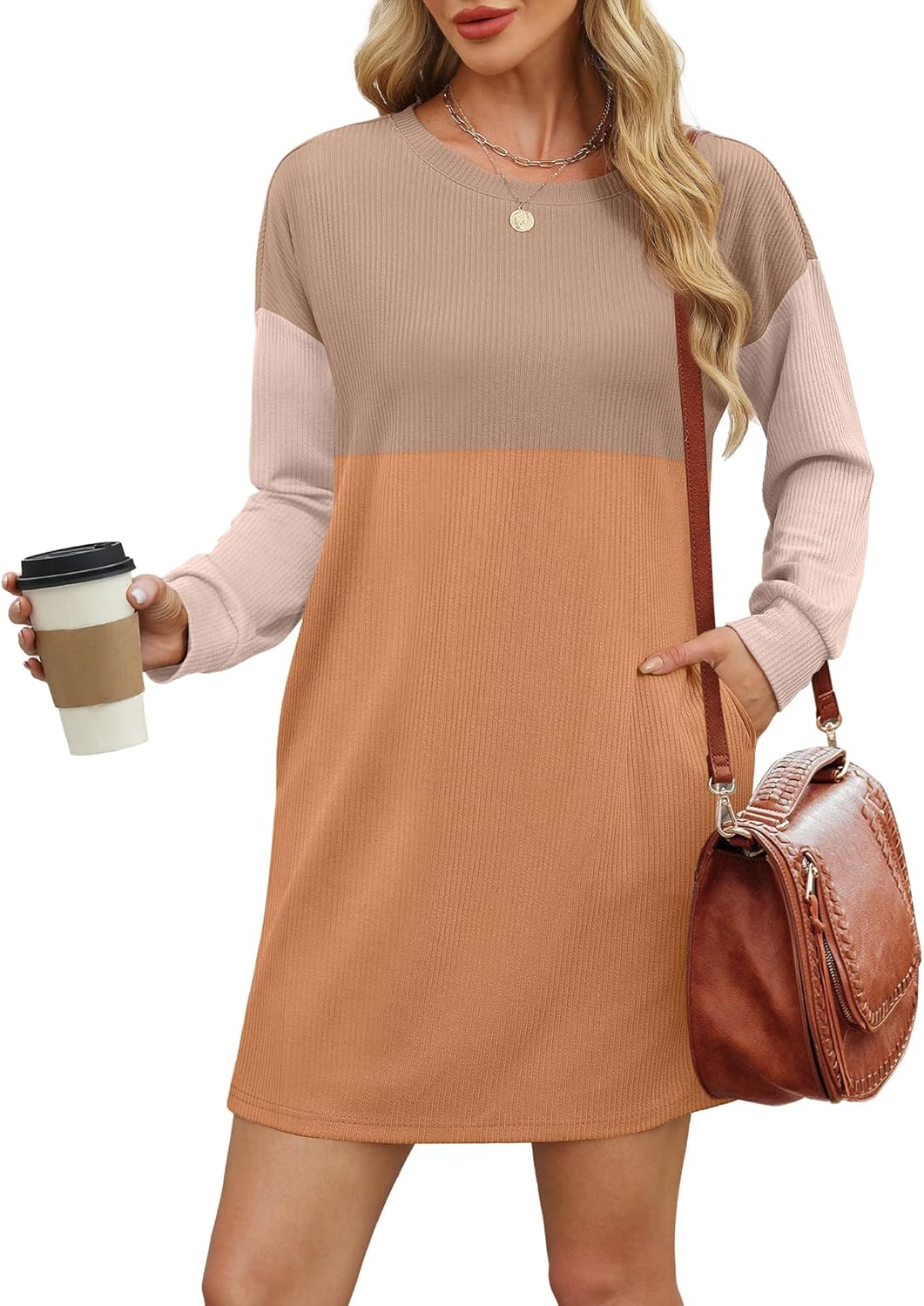 Womens Ribbed Color block Long SleeveMini Dresses with Pockets