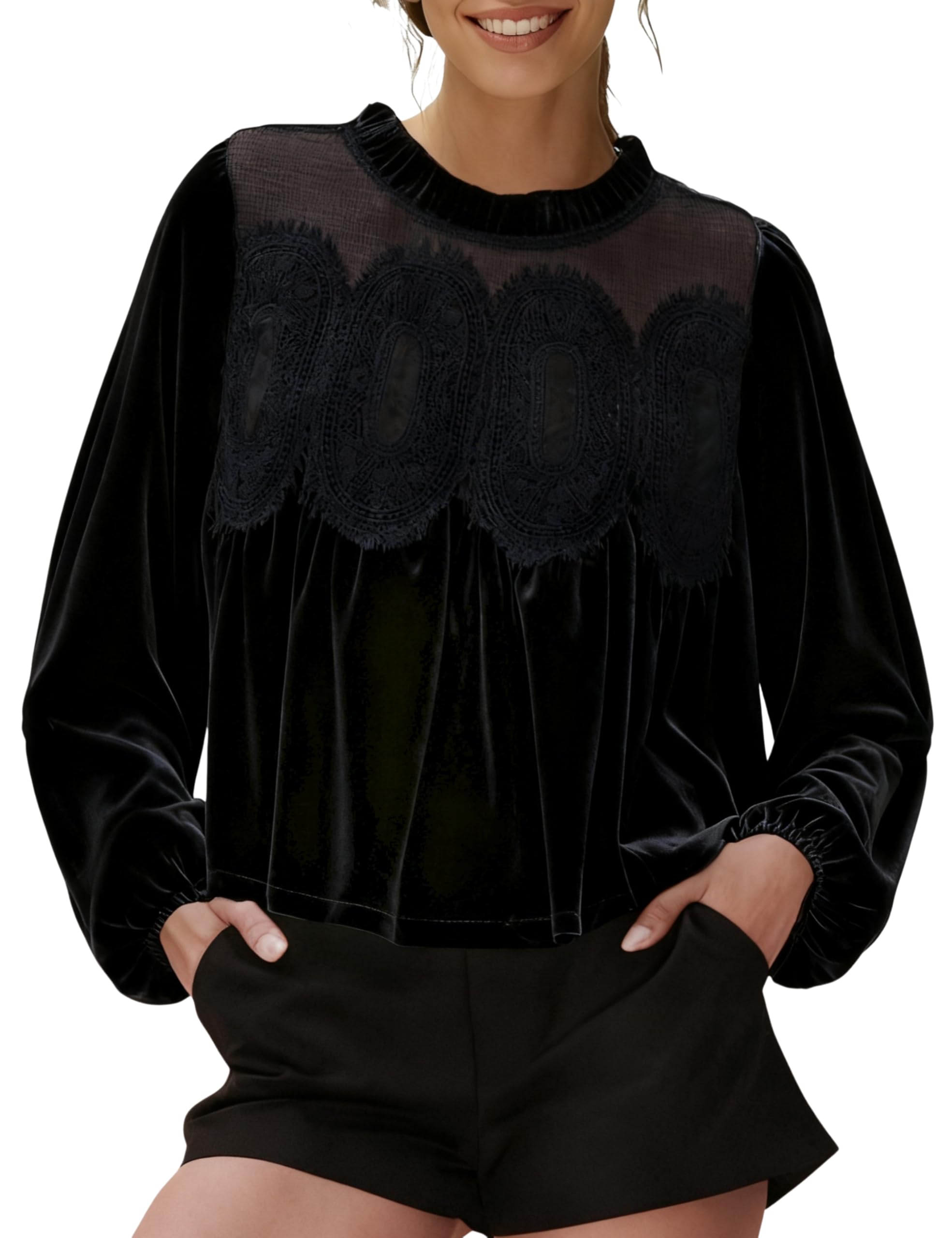 Women's Round Neck Long Sleeve Velvet Trim Lace Blouse