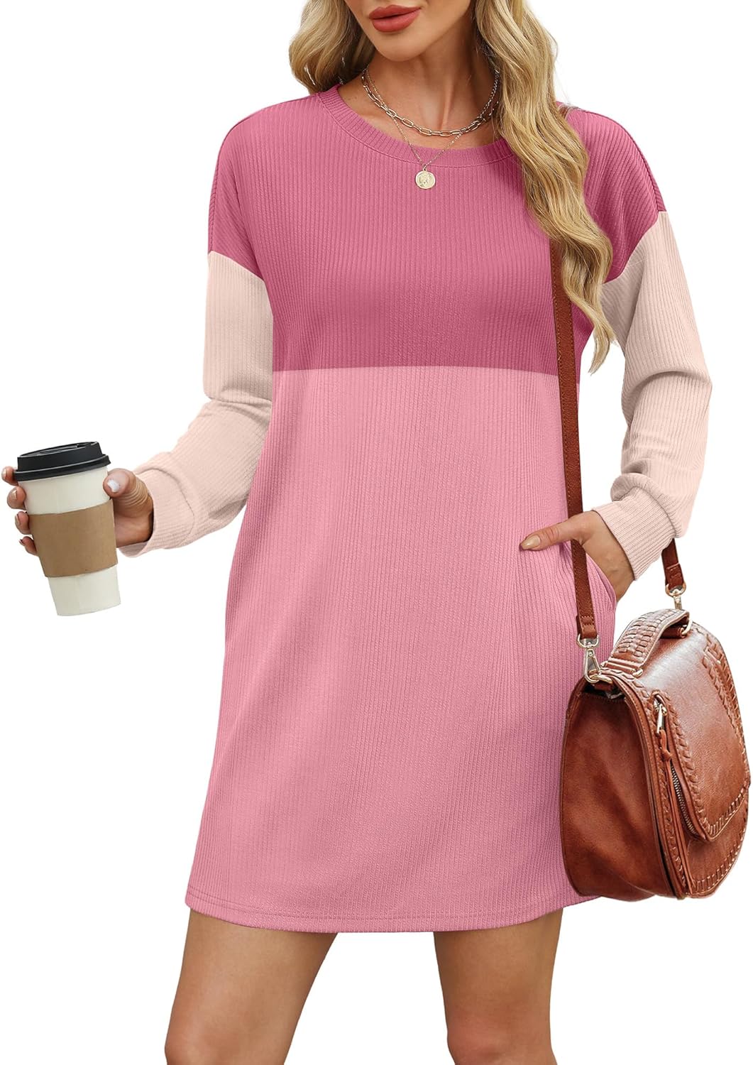Womens Ribbed Color block Long SleeveMini Dresses with Pockets