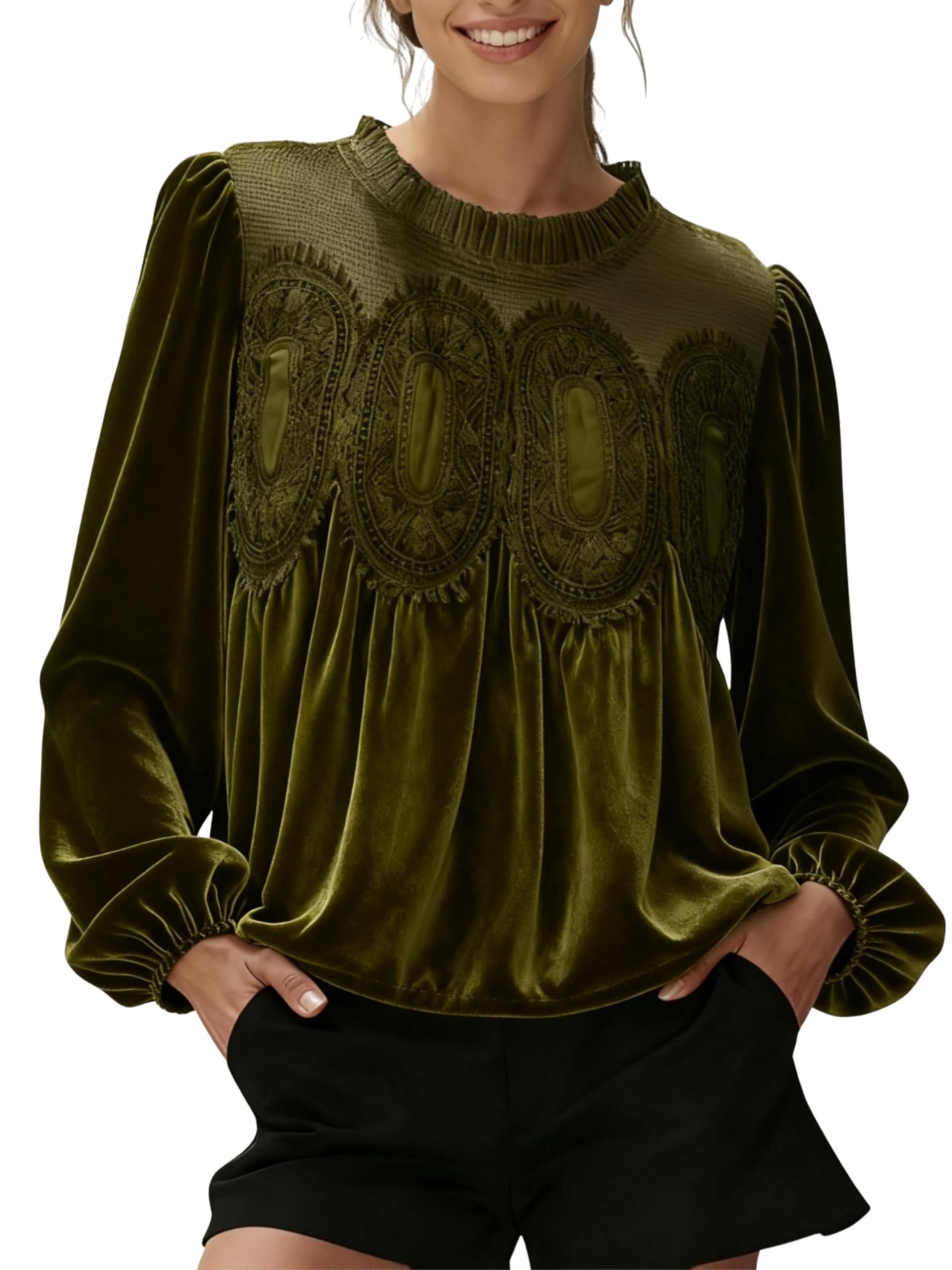 Women's Round Neck Long Sleeve Velvet Trim Lace Blouse