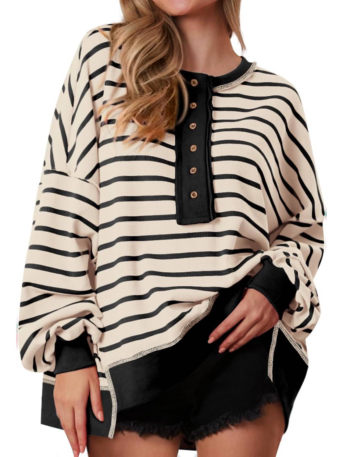⏰Hot Sale-Women's Striped Oversized Button Up Henley Neck Waffle Knit Pullover