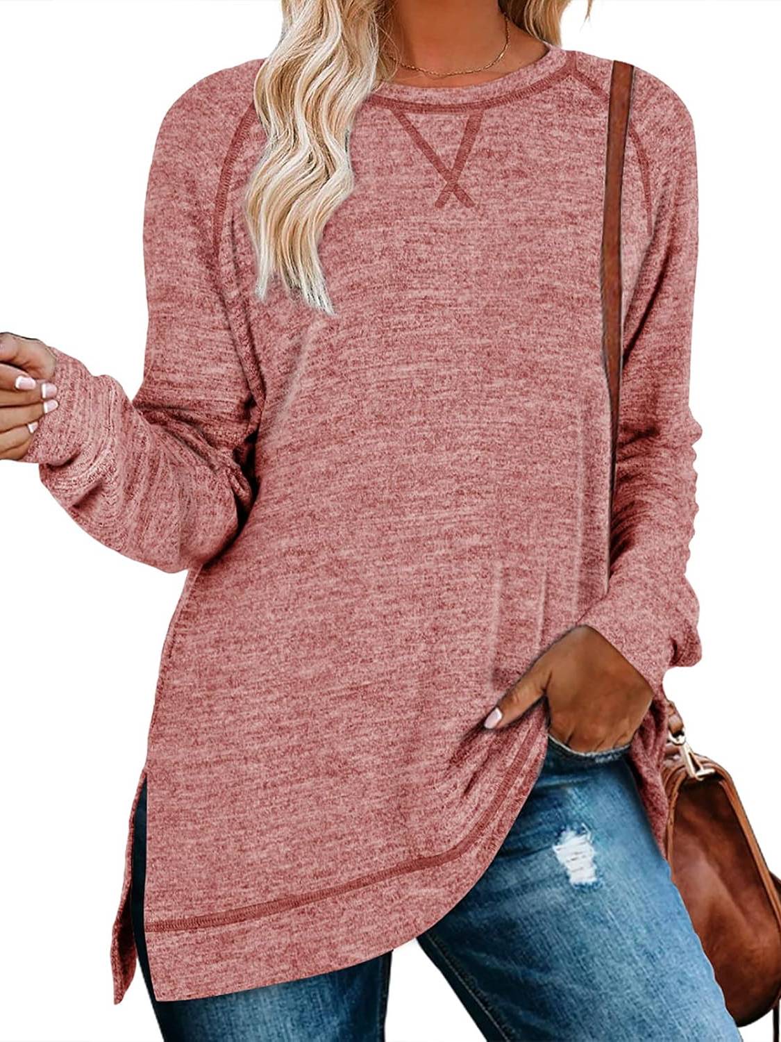 Women Fall Side slit Long Sleeve Shirts Tunic Tops