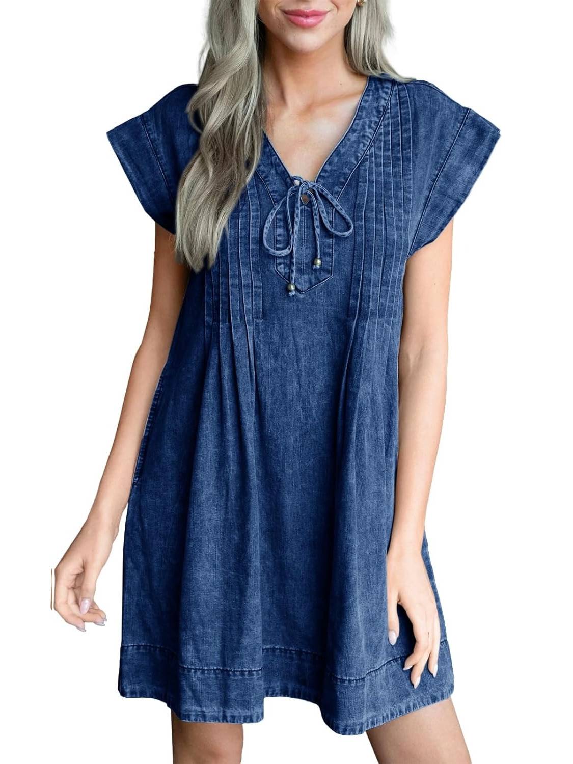 Women's V-neck Pleated Denim Dress With Pockets