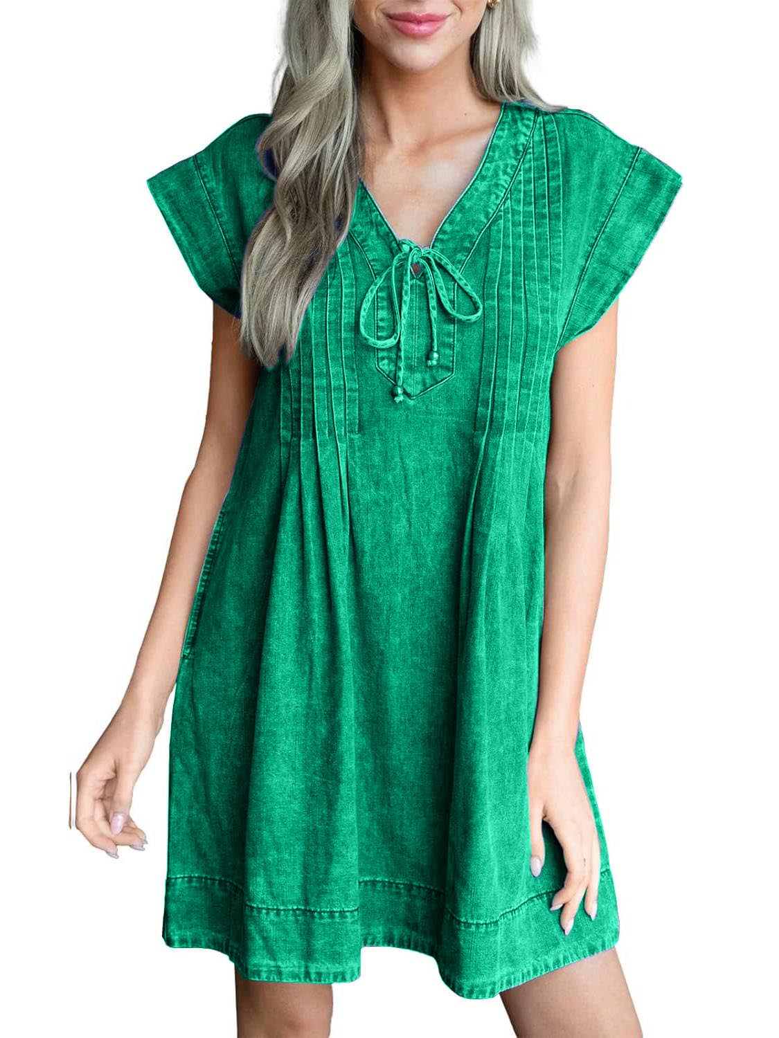 Women's V-neck Pleated Denim Dress With Pockets