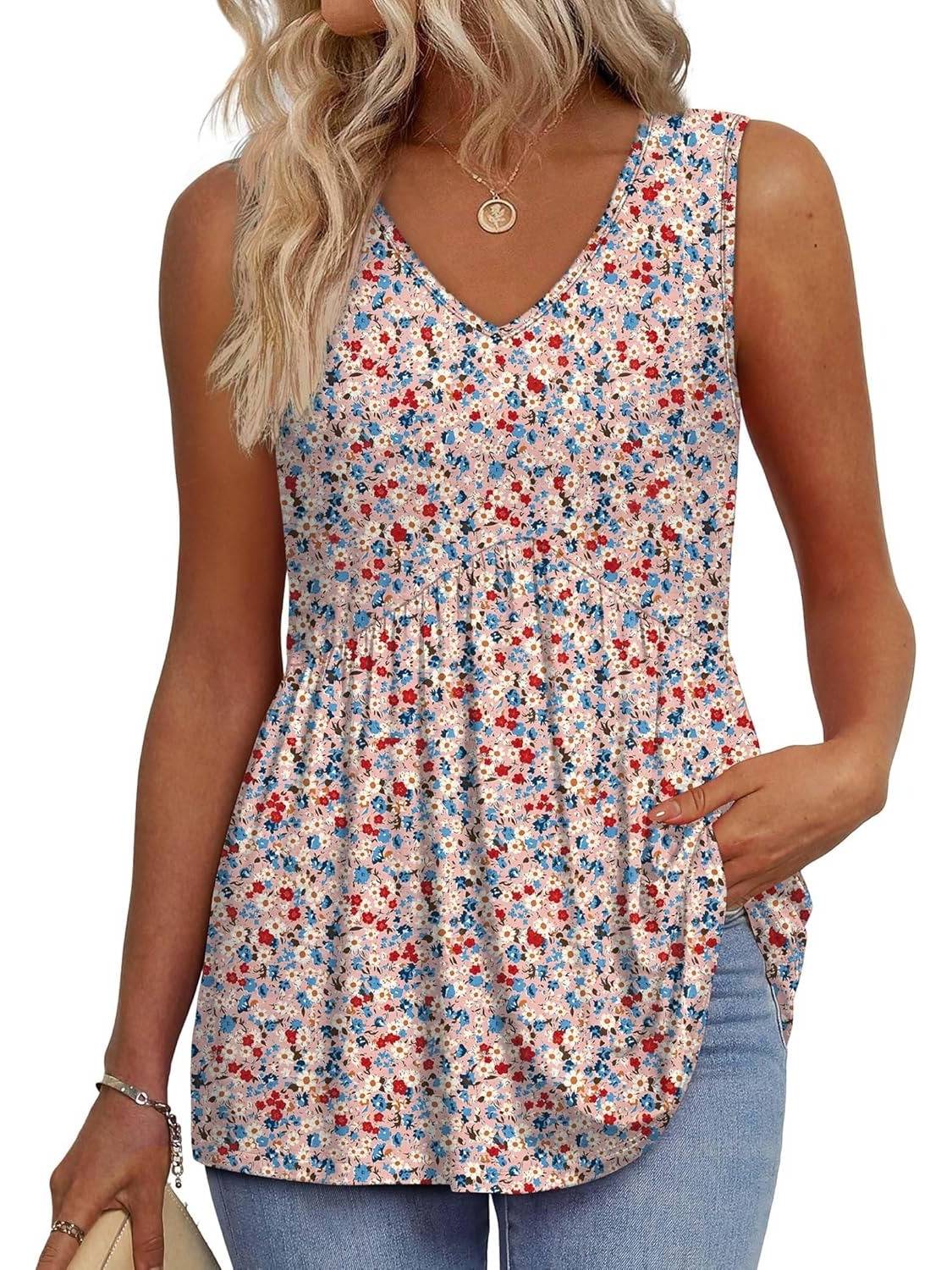 Women Dressy Sleeveless V Neck Babydoll Tank Tops