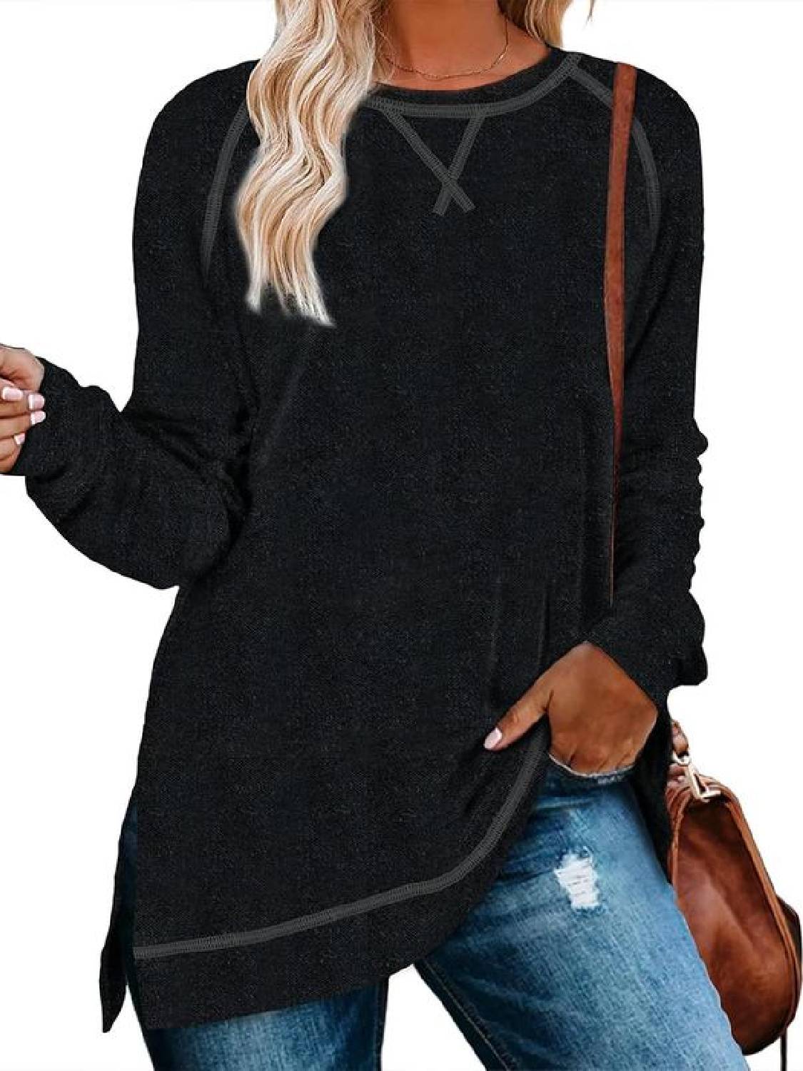 Women Fall Side slit Long Sleeve Shirts Tunic Tops