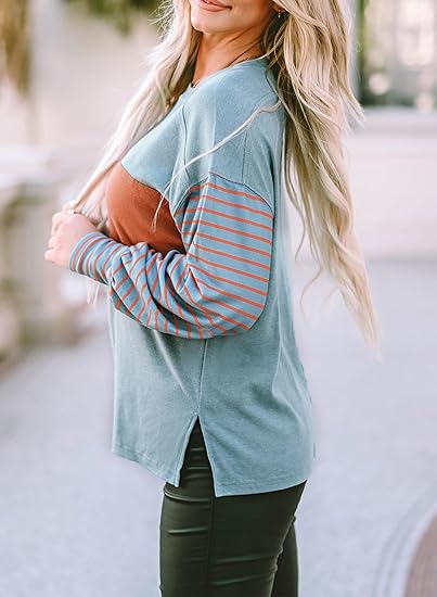 Round Crew Neck Casual Color Block Womens Shirts Blouses (Final Days: Big Savings!!!)