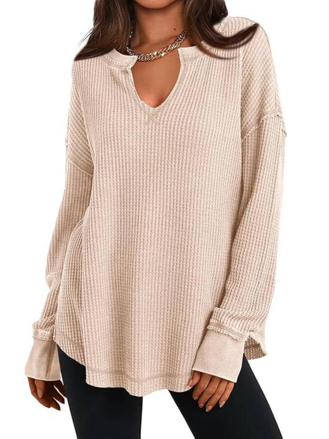 ⏰Hot Sale-Women's Waffle Knit Exposed Seam Pullover(Buy 2 Free Shipping)